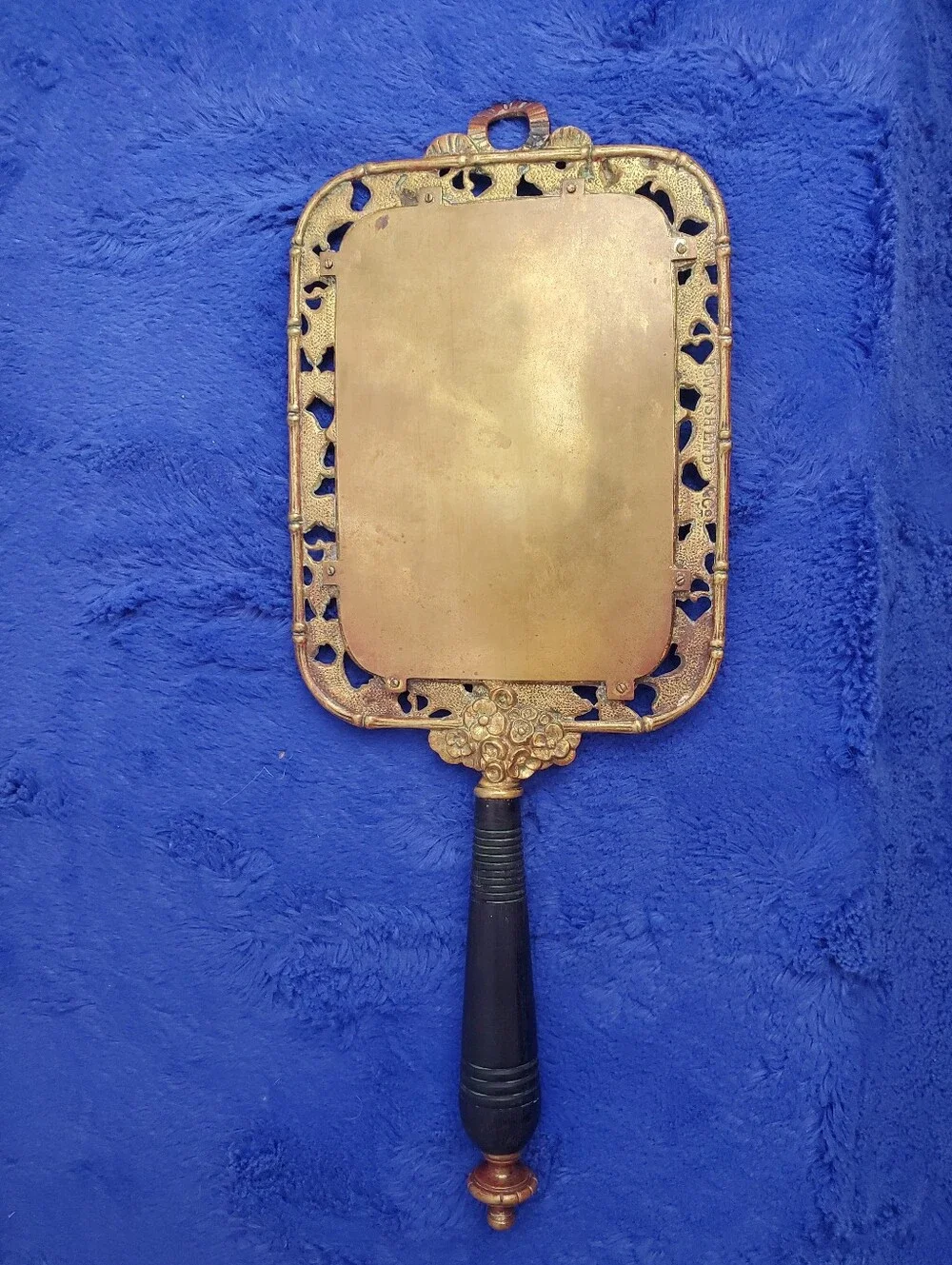 Antique TOWNSHEND 19th Century Ornate Brass Vanity Hand Mirror W/ Ebony Handle